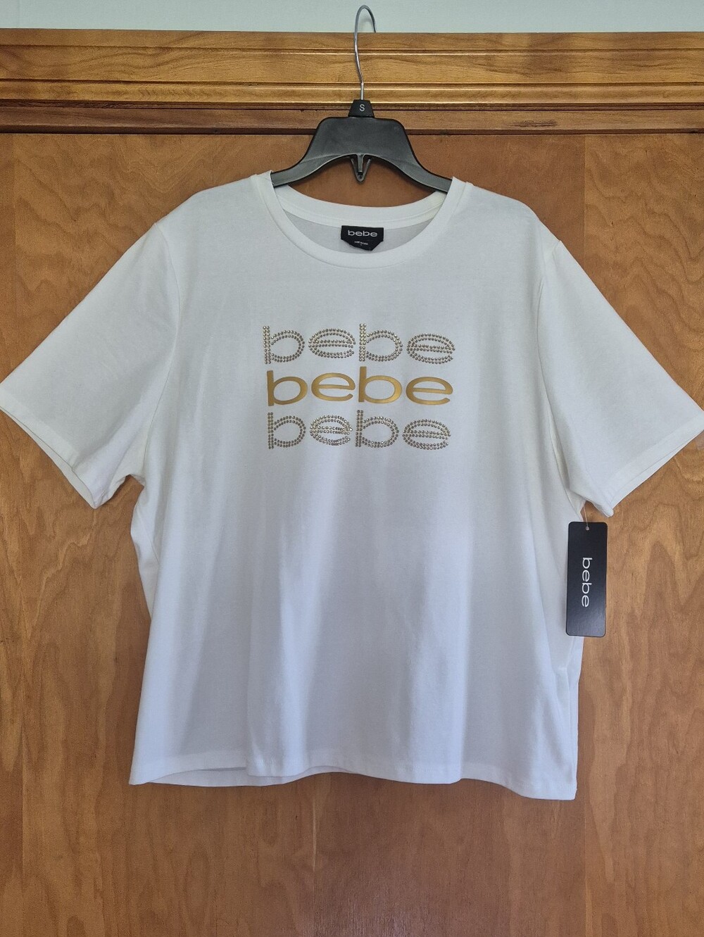 bebe White Tee with Gold Logo and Rhinestone Detail